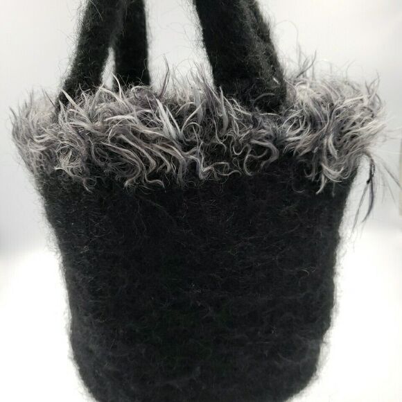 Handcrafted Small Tote Black and Gray Purse Hand Bag Wool Felt Artisanal 10" - Picture 4 of 11